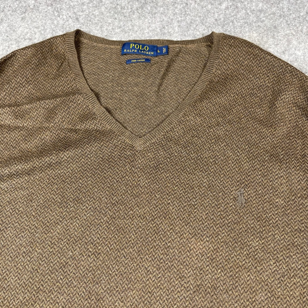 Polo Ralph Lauren Brown Herringbone Pima Cotton V-Neck Sweater Mens Large